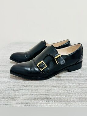 Suecomma Bonnie Black‎ Leather Double Monk Strap Flats Shoes - Size 6